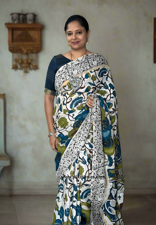 White floral Kalamkari Silk saree