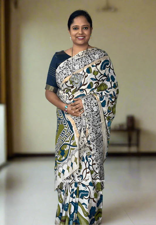 White floral Kalamkari Silk saree