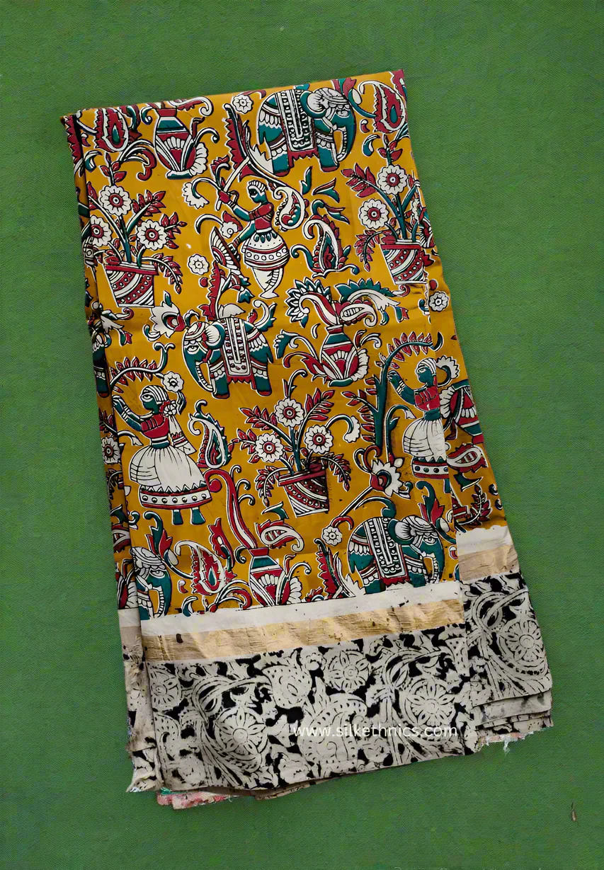 Mustard Kalamkari Silk saree