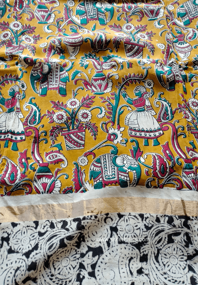 Mustard Kalamkari Silk saree