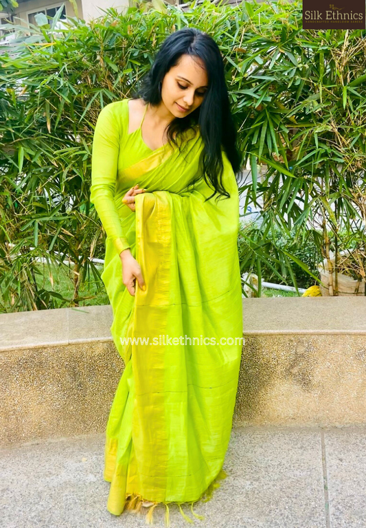 Parrot green Kanchan raw silk saree