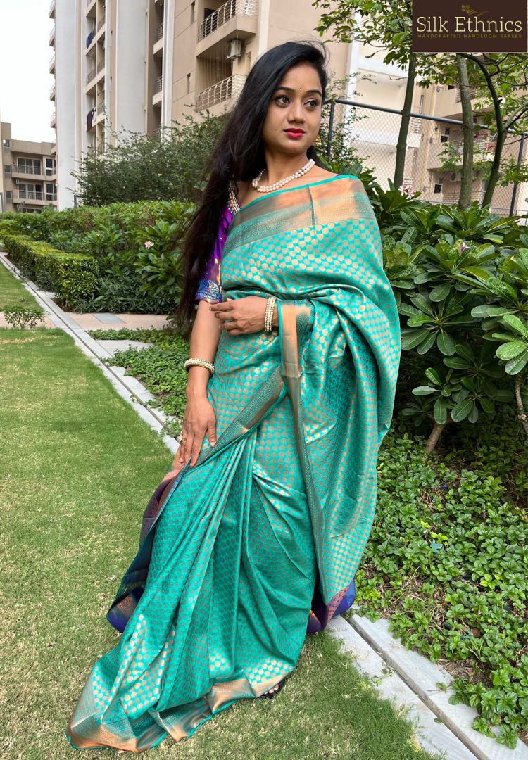 Cyan blue Meena soft silk saree