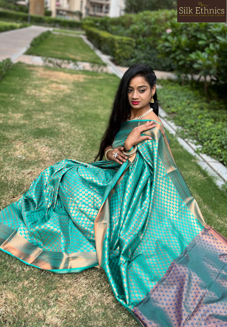 Cyan blue Meena soft silk saree