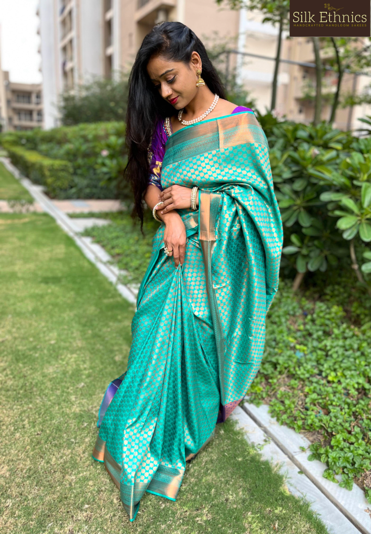 Cyan Blue Banarasi Saree - Urban Womania