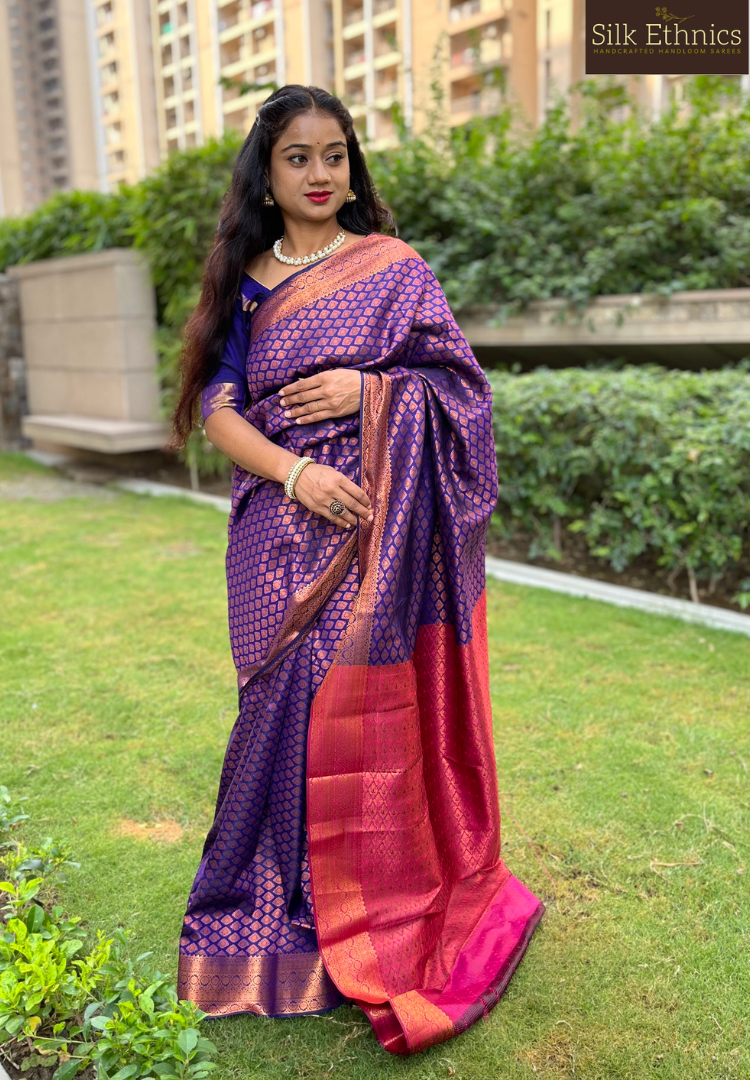 Indigo blue Meena copper zari weaving soft silk saree