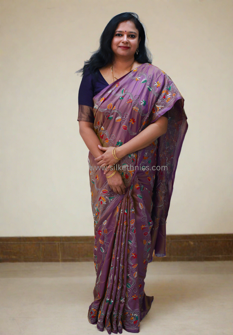 Metallic purple hand embroidered saree