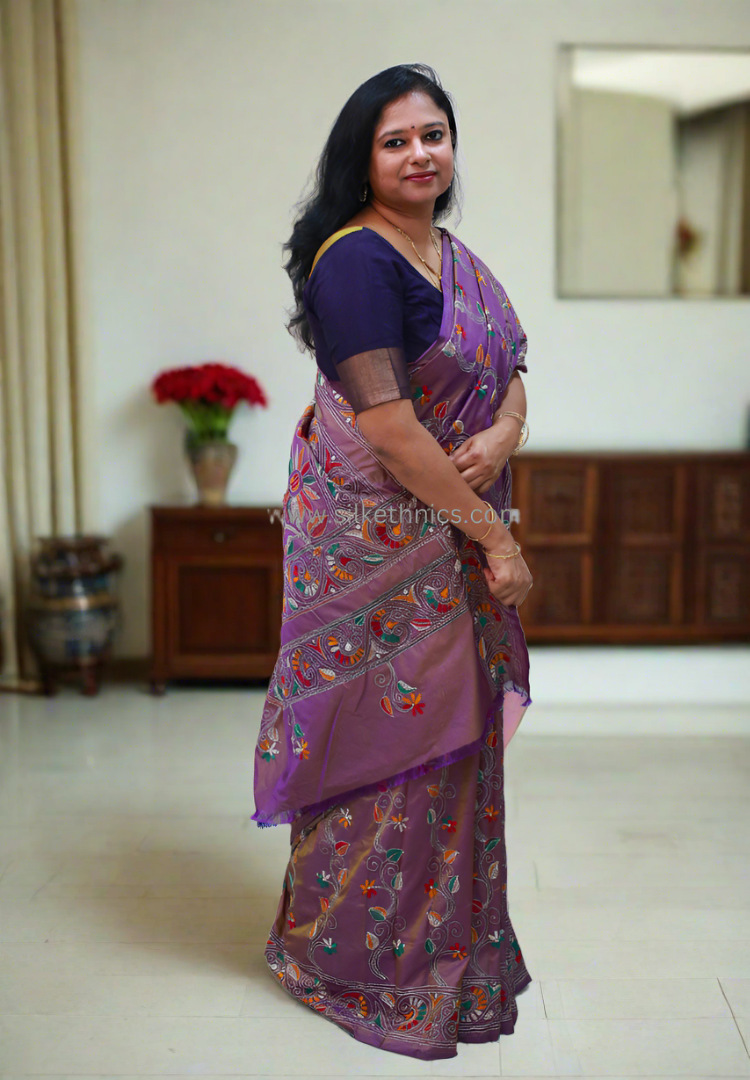 Metallic purple hand embroidered saree