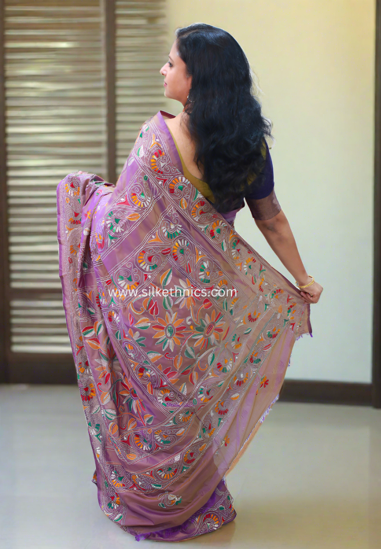 Metallic purple hand embroidered saree