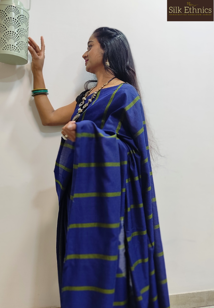 Cobalt blue and green striped pure Khadi saree