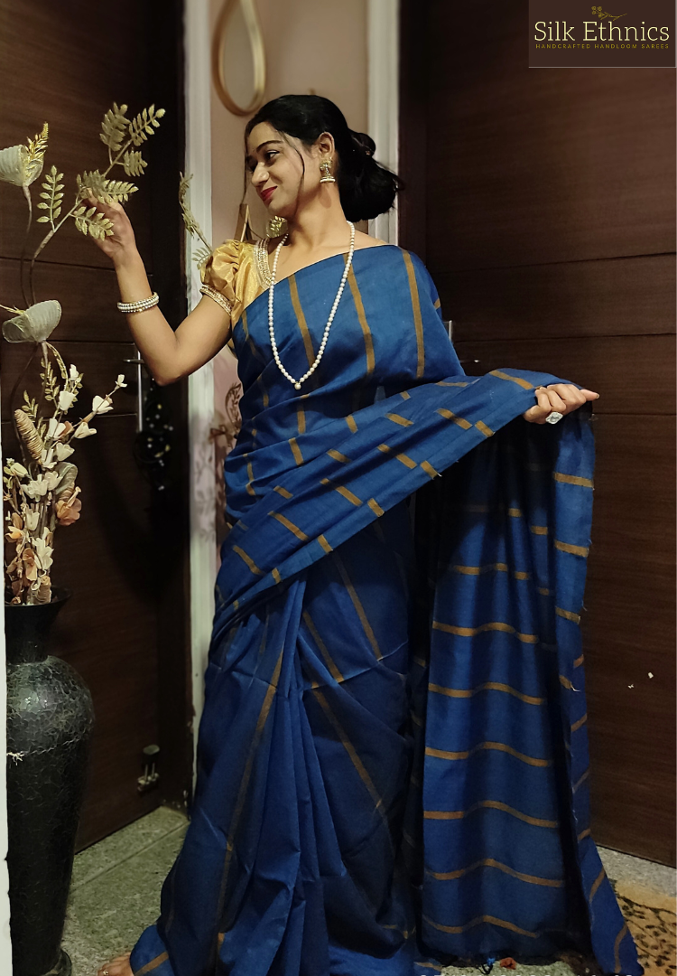 Blue Khadi Cotton Saree with Pink Pompom Border Hand Work –  ShopBollyWear.Com