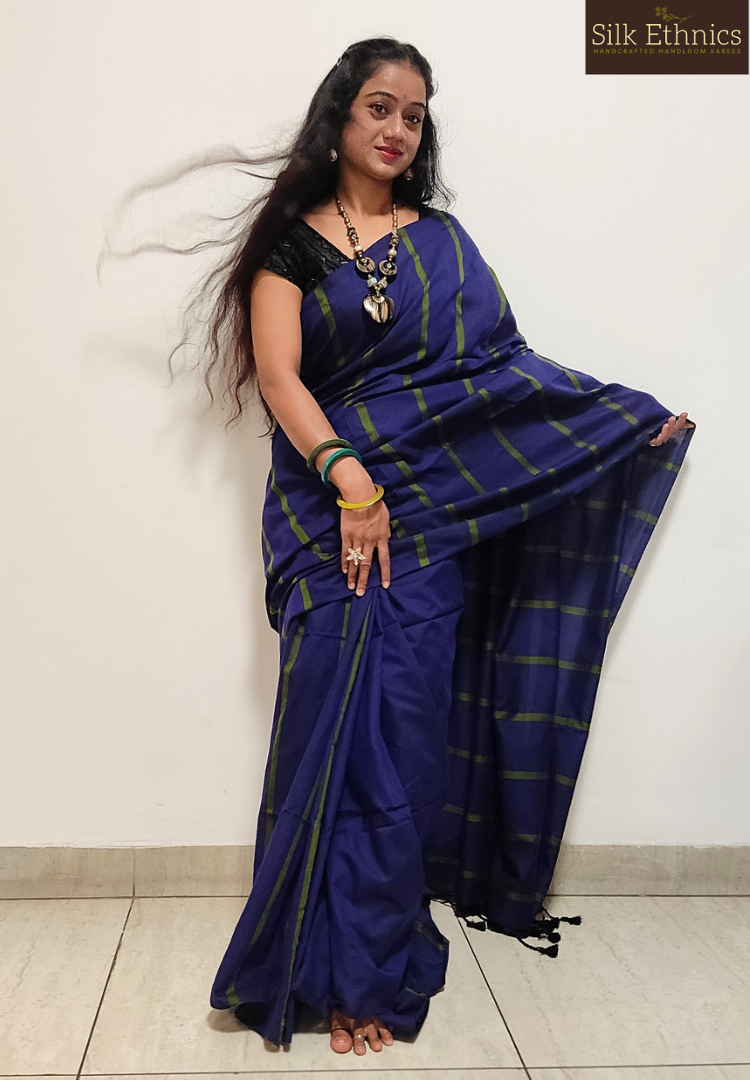 Cobalt blue and green striped pure Khadi saree