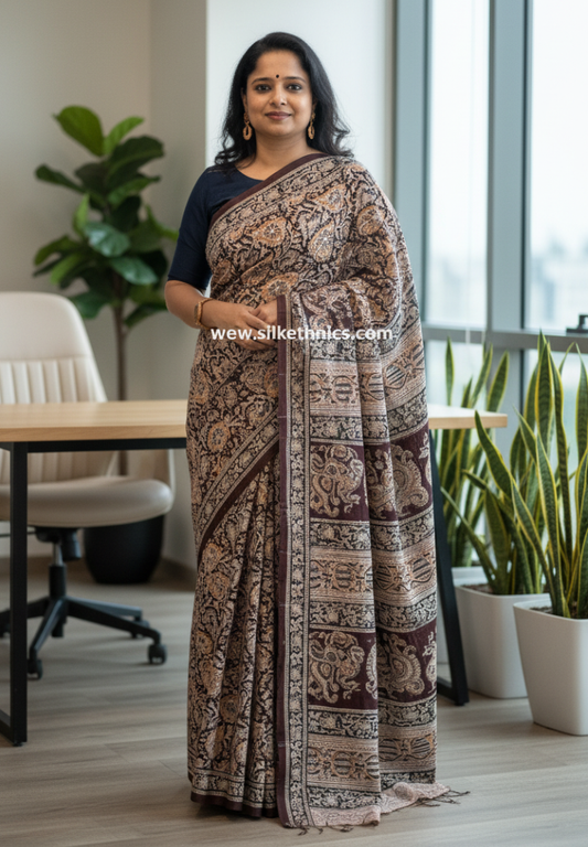 Kalamkari Block Printed Coffee Brown Mul Cotton Saree