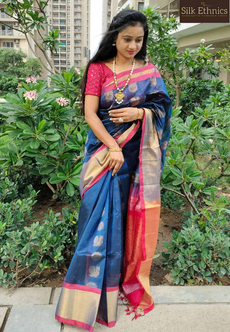 Royal blue Kuppadam silk saree