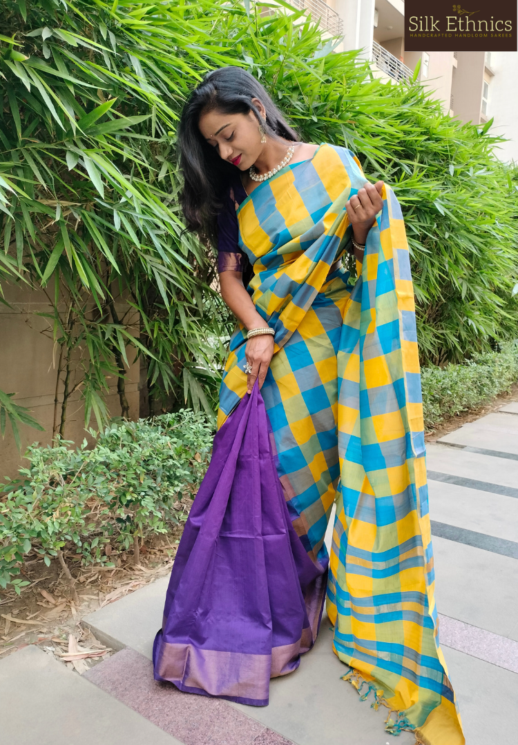 Deep Purple and yellow Tripurasilk saree