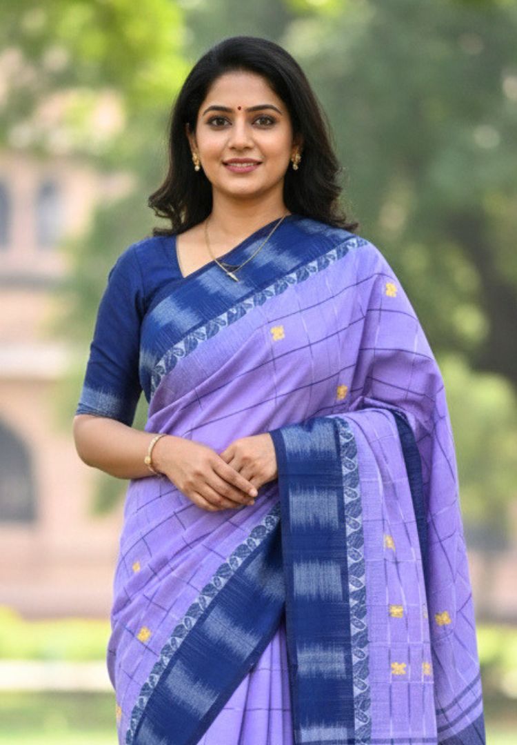 Lavender checks Ikkat weaving Dhaniakhali cotton saree