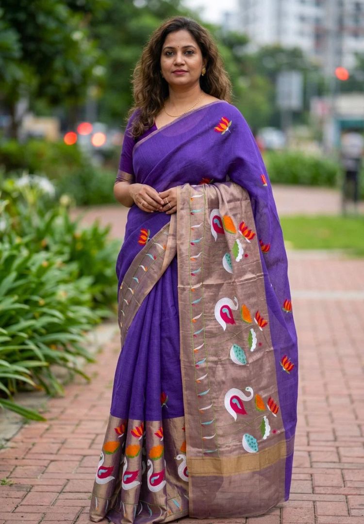 Woman wearing the Lavender and Gold embroidered soft Kota zari saree - Silk Ethnics