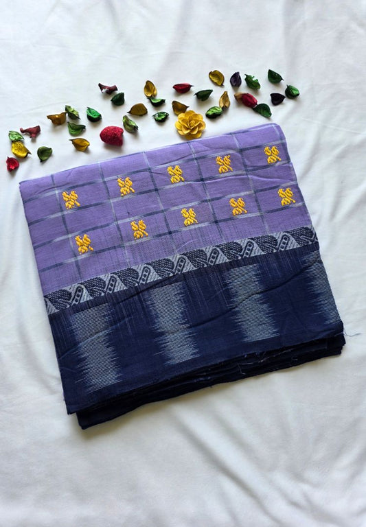 Lavender checks Ikkat weaving Dhaniakhali cotton saree