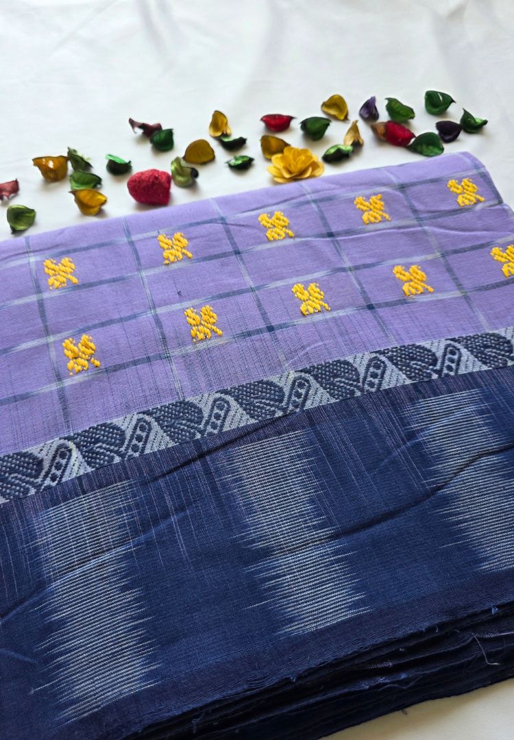 Lavender checks Ikkat weaving Dhaniakhali cotton saree