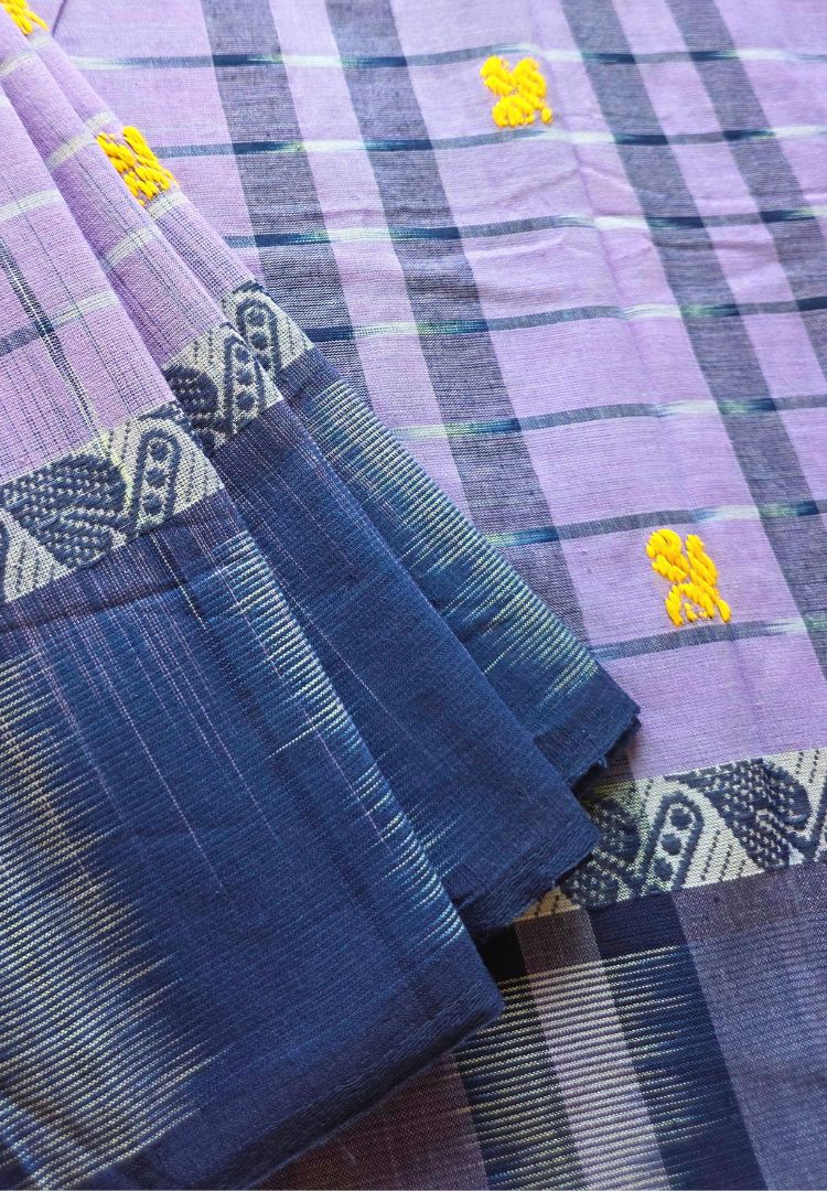 Lavender checks Ikkat weaving Dhaniakhali cotton saree
