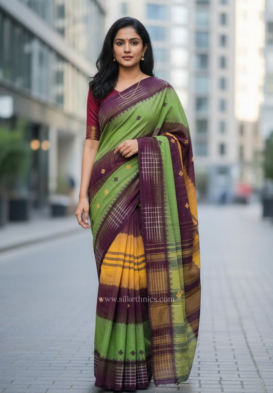 Multicoloured Dhaniakhali Bengal Handloom Ikkat Cotton saree (Pre-order)