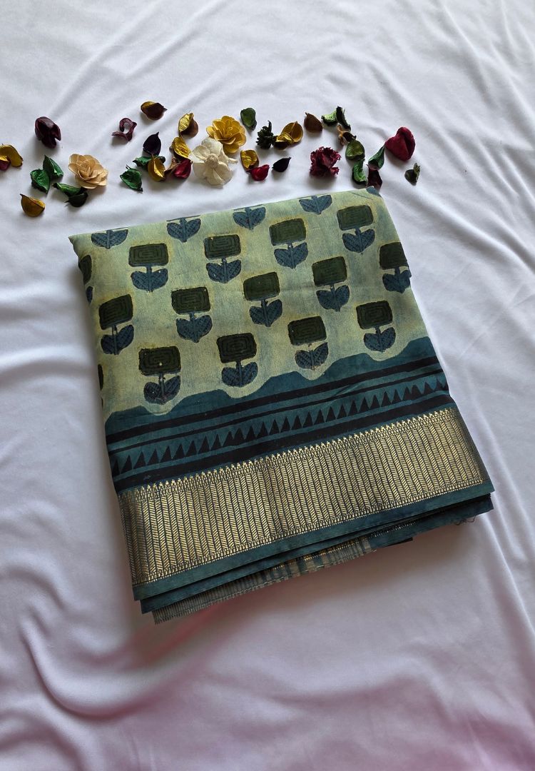 Leaf green Ajrakh hand blockprinted Maheswari silk saree