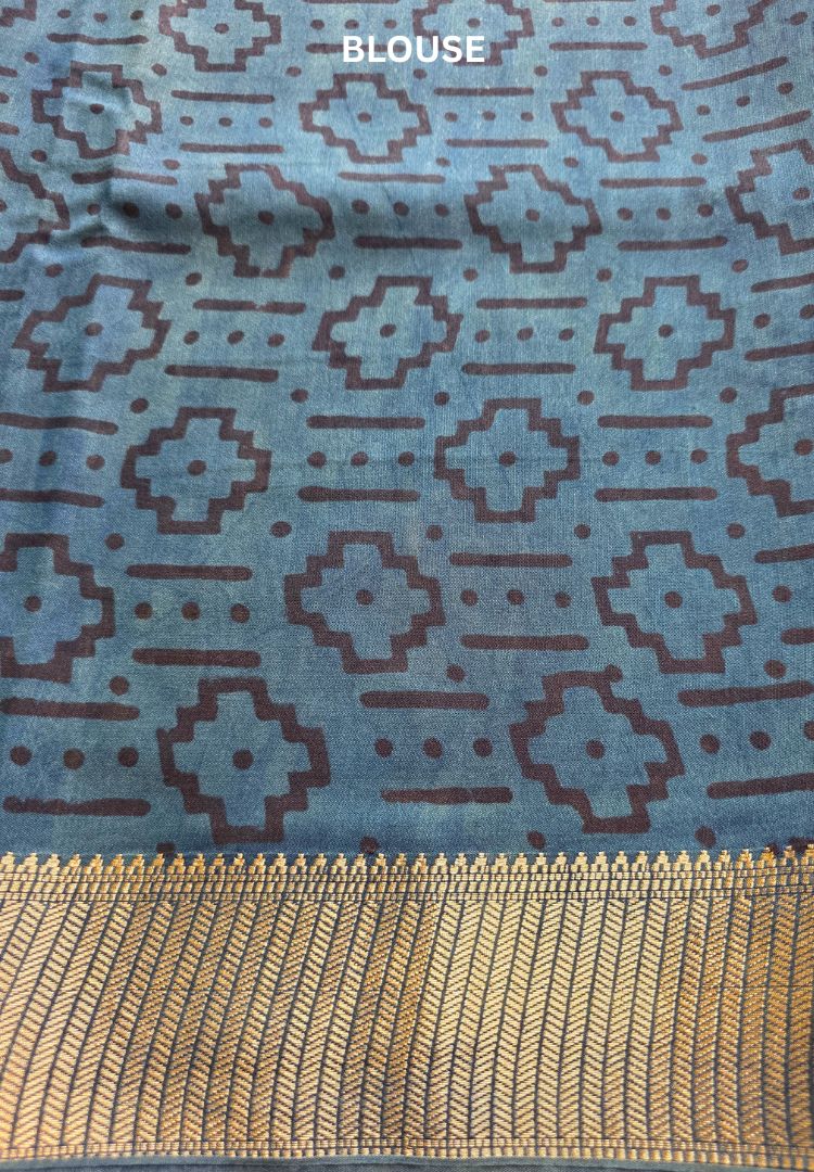Leaf green Ajrakh hand blockprinted Maheswari silk saree