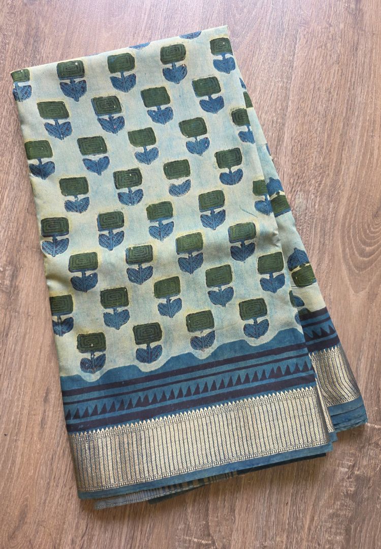 Leaf green Ajrakh hand blockprinted Maheswari silk saree