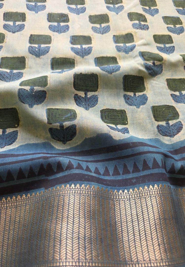 Leaf green Ajrakh hand blockprinted Maheswari silk saree