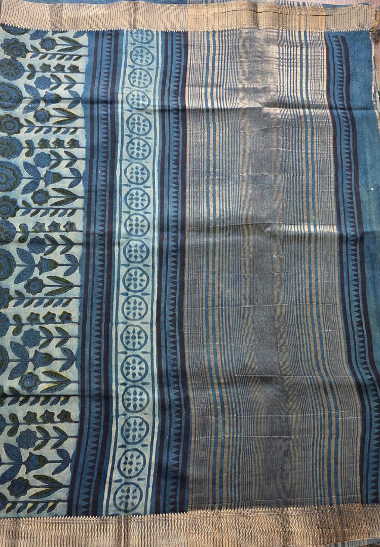 Leaf green Ajrakh hand blockprinted Maheswari silk saree