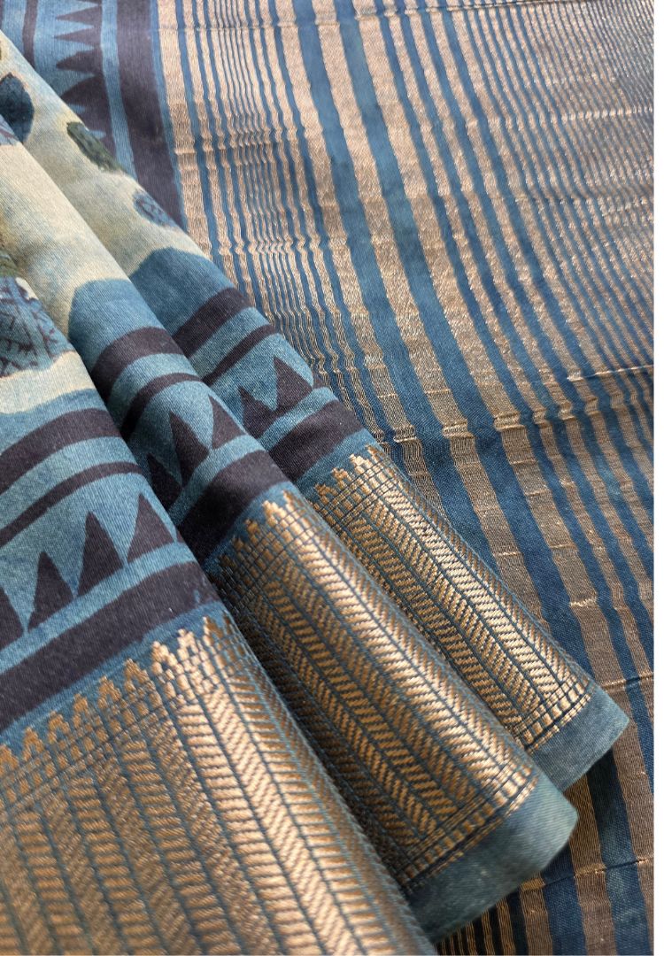 Leaf green Ajrakh hand blockprinted Maheswari silk saree