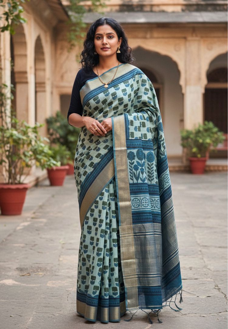 Leaf green Ajrakh hand blockprinted Maheswari silk saree