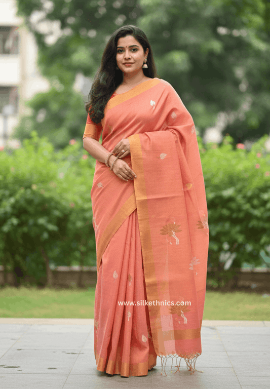 Pink and Gold Lotus Tissue Linen handloom Saree