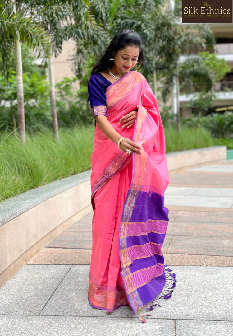 Flamingo pink handloom Silkcotton saree