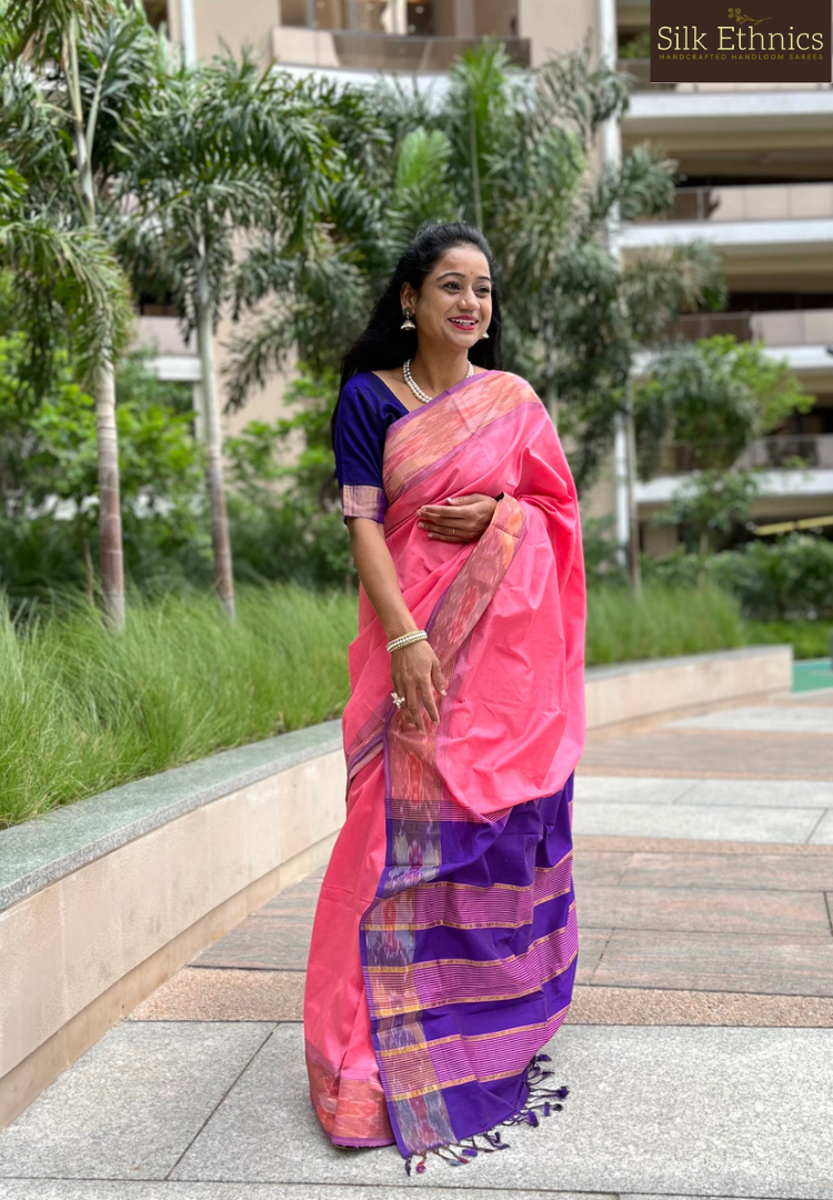 Flamingo pink handloom Silkcotton saree