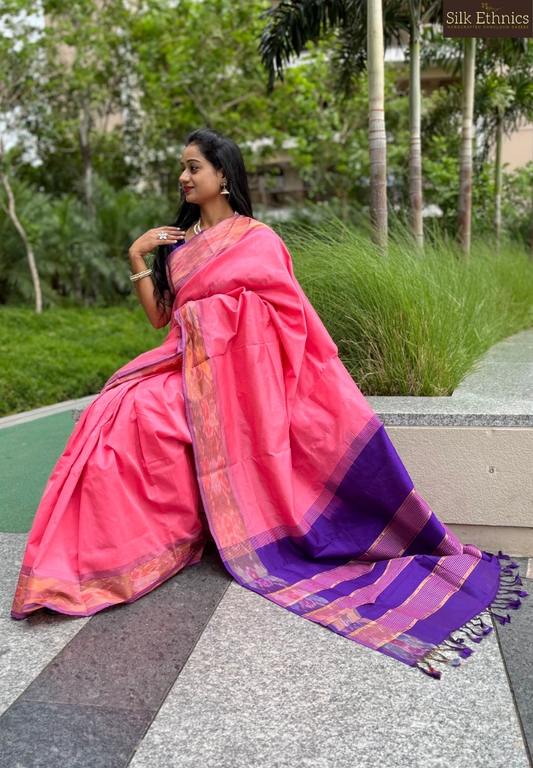 Flamingo pink handloom Silkcotton saree