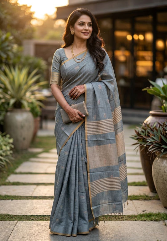 Pearl grey slub linen saree by Silk Ethnics