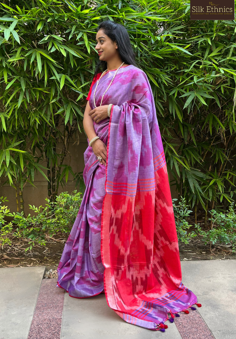 Violet and red linen ikkat weaving saree