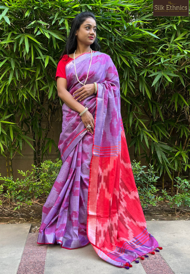 Violet and red linen ikkat weaving saree