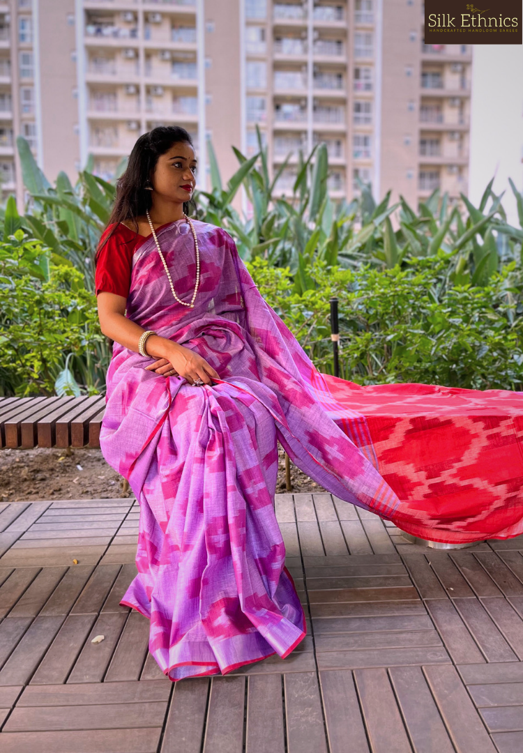 Violet and red linen ikkat weaving saree