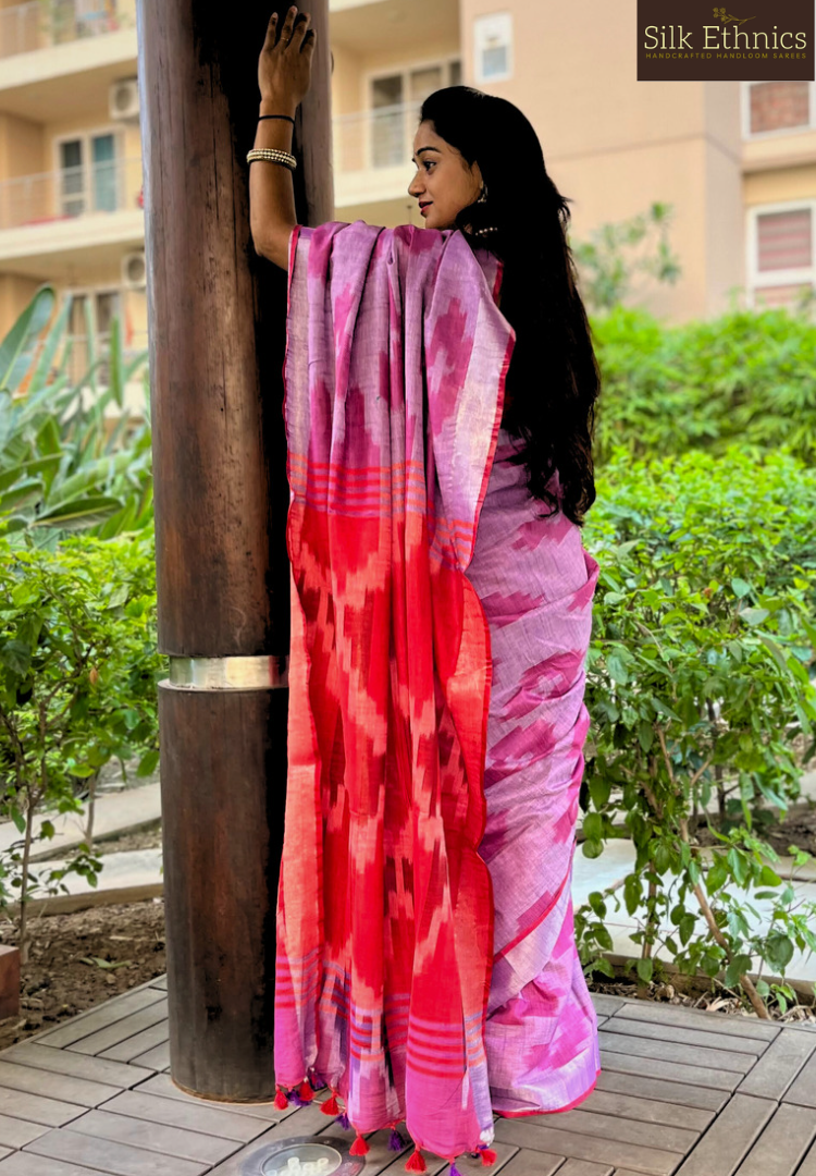 Violet and red linen ikkat weaving saree