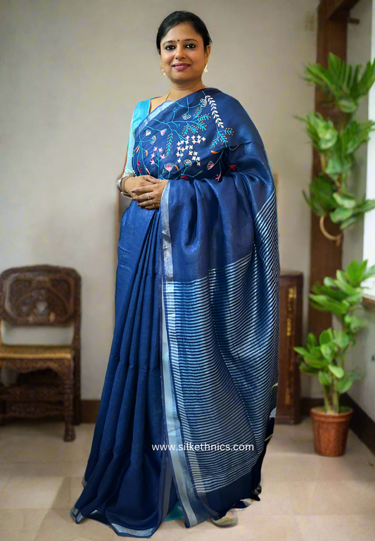 Indigo blue embroidered Sitara linen saree