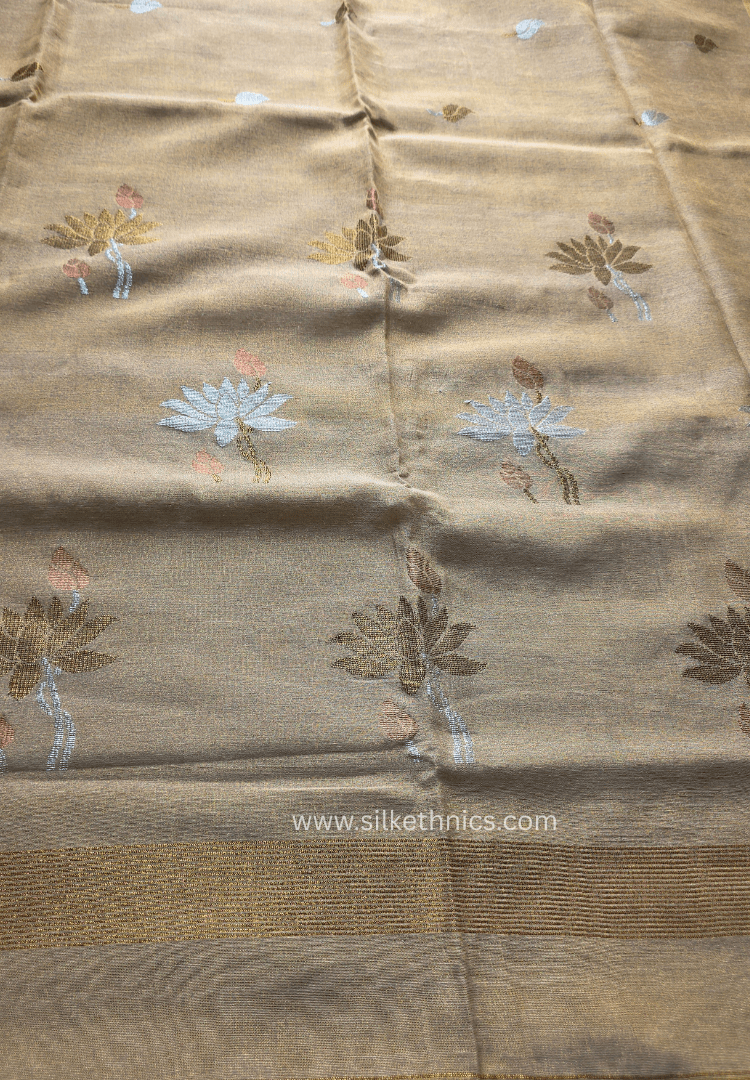 Ivory Gold Lotus Tissue Linen handloom Saree