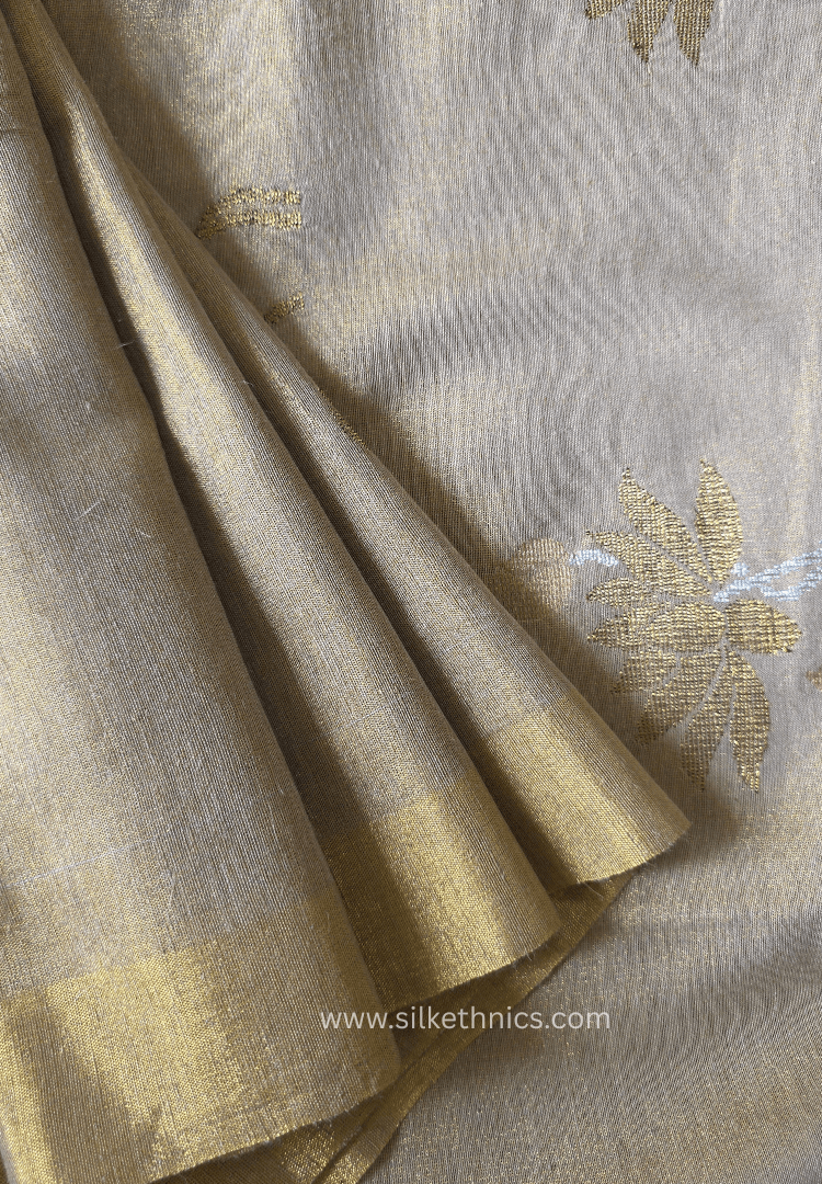 Ivory Gold Lotus Tissue Linen handloom Saree