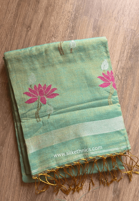 Sage Green and Gold Lotus Tissue Linen handloom Saree