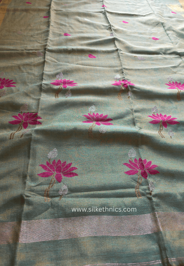 Sage Green and Gold Lotus Tissue Linen handloom Saree