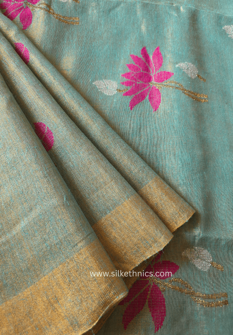 Sage Green and Gold Lotus Tissue Linen handloom Saree