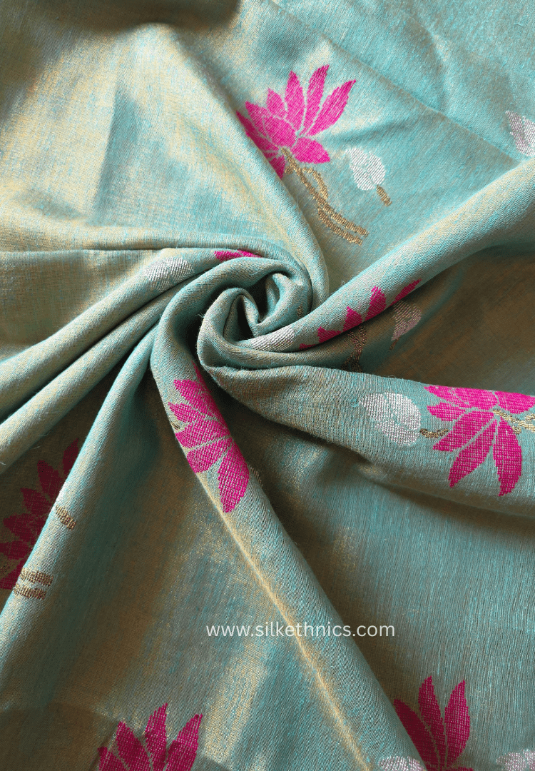Sage Green and Gold Lotus Tissue Linen handloom Saree