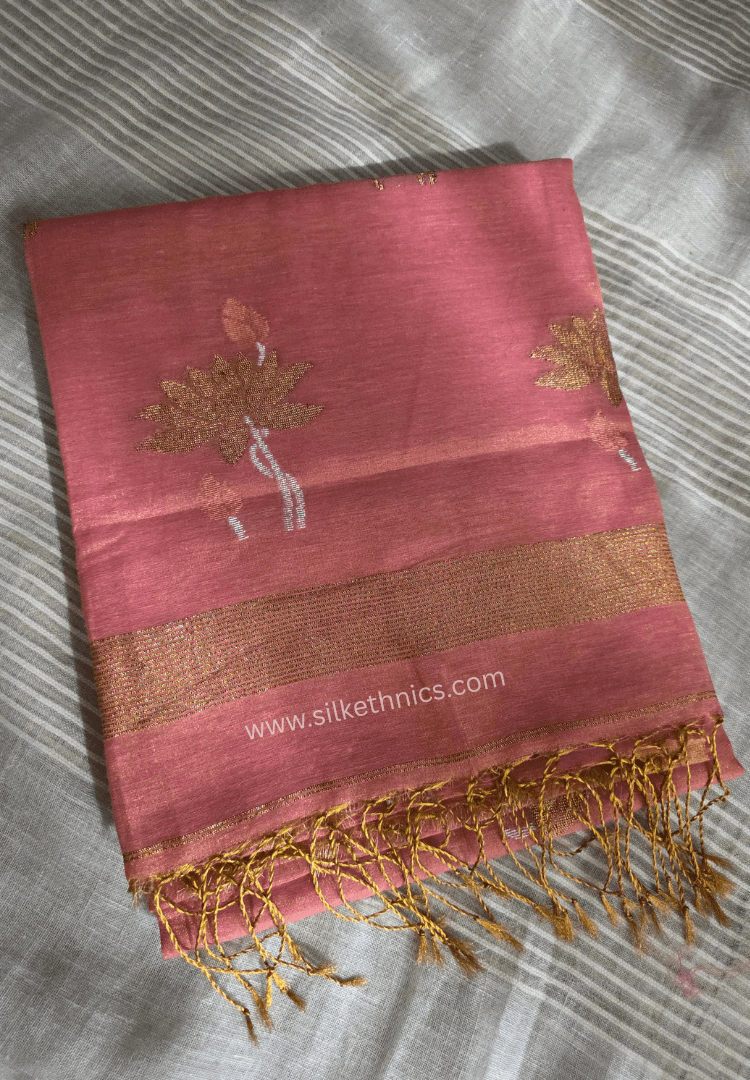 Pink and Gold Lotus Tissue Linen handloom Saree