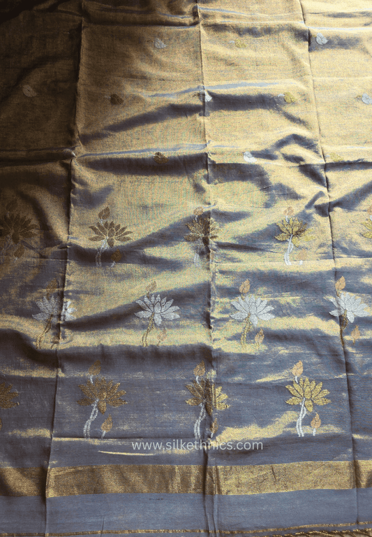 Metallic Gold Lotus Tissue Linen handloom Saree