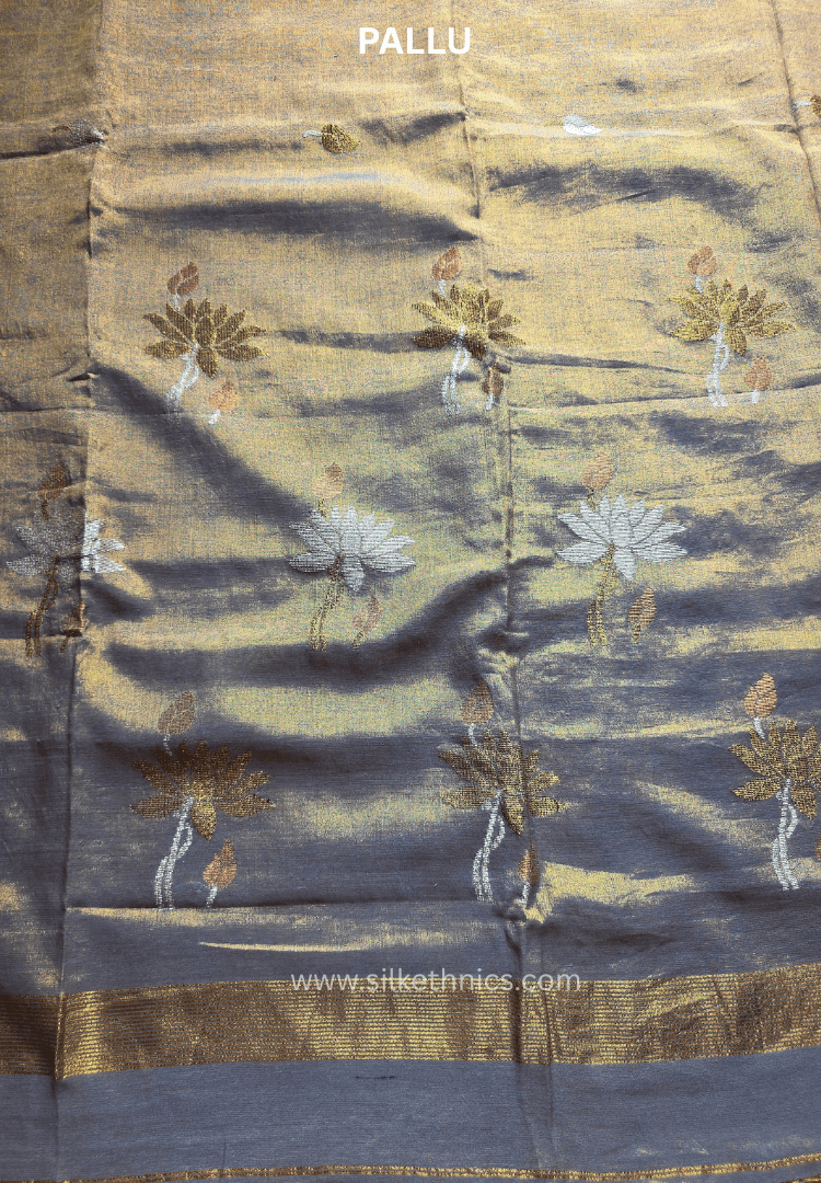 Metallic Gold Lotus Tissue Linen handloom Saree
